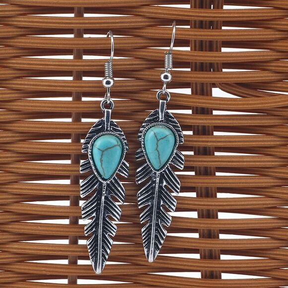 Boho Silver Tone Feather Faux Blue Turquoise Dangle Earrings Western Style - Picture 1 of 9
